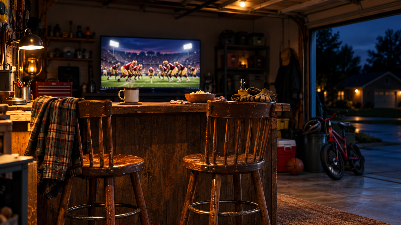 Two wooden garage barstools face a football television, with coffee, snacks and a child's bicycle set aside for the evening.