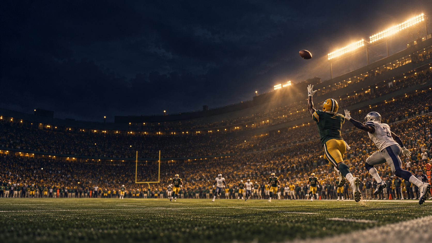 A receiver and defender rise toward a pass under the lights, with the catch still undecided.