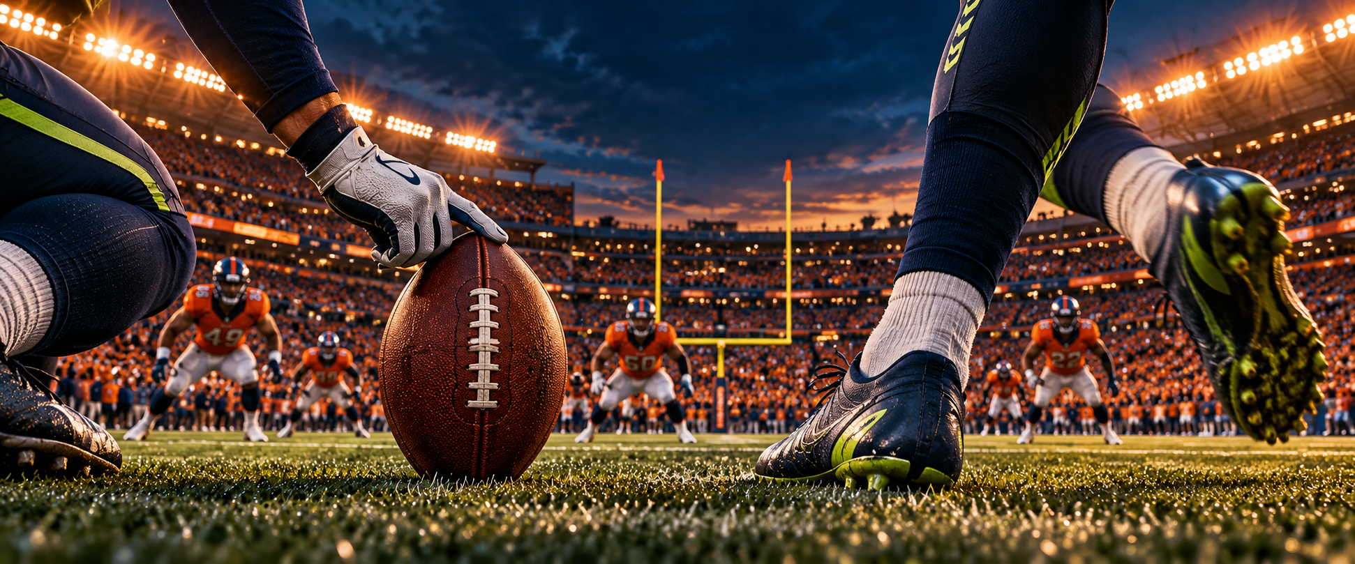 Cinematic illustration from turf level: Seattle prepares a field-goal kick as Denver defenders close in, beneath orange stadium lights and a blue evening sky.