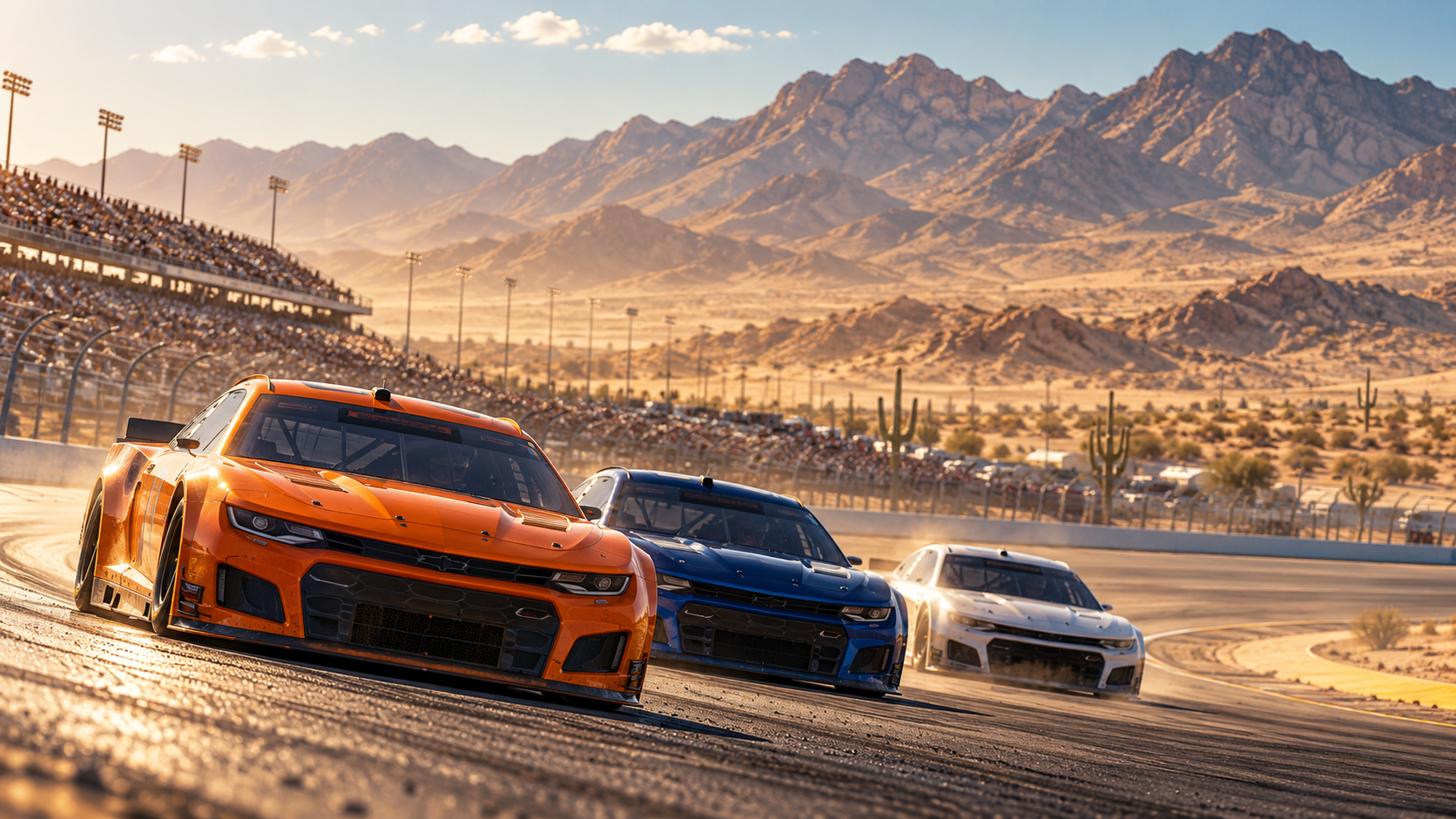 Editorial illustration of modern Cup stock cars racing at a desert dogleg oval inspired by Phoenix Raceway
