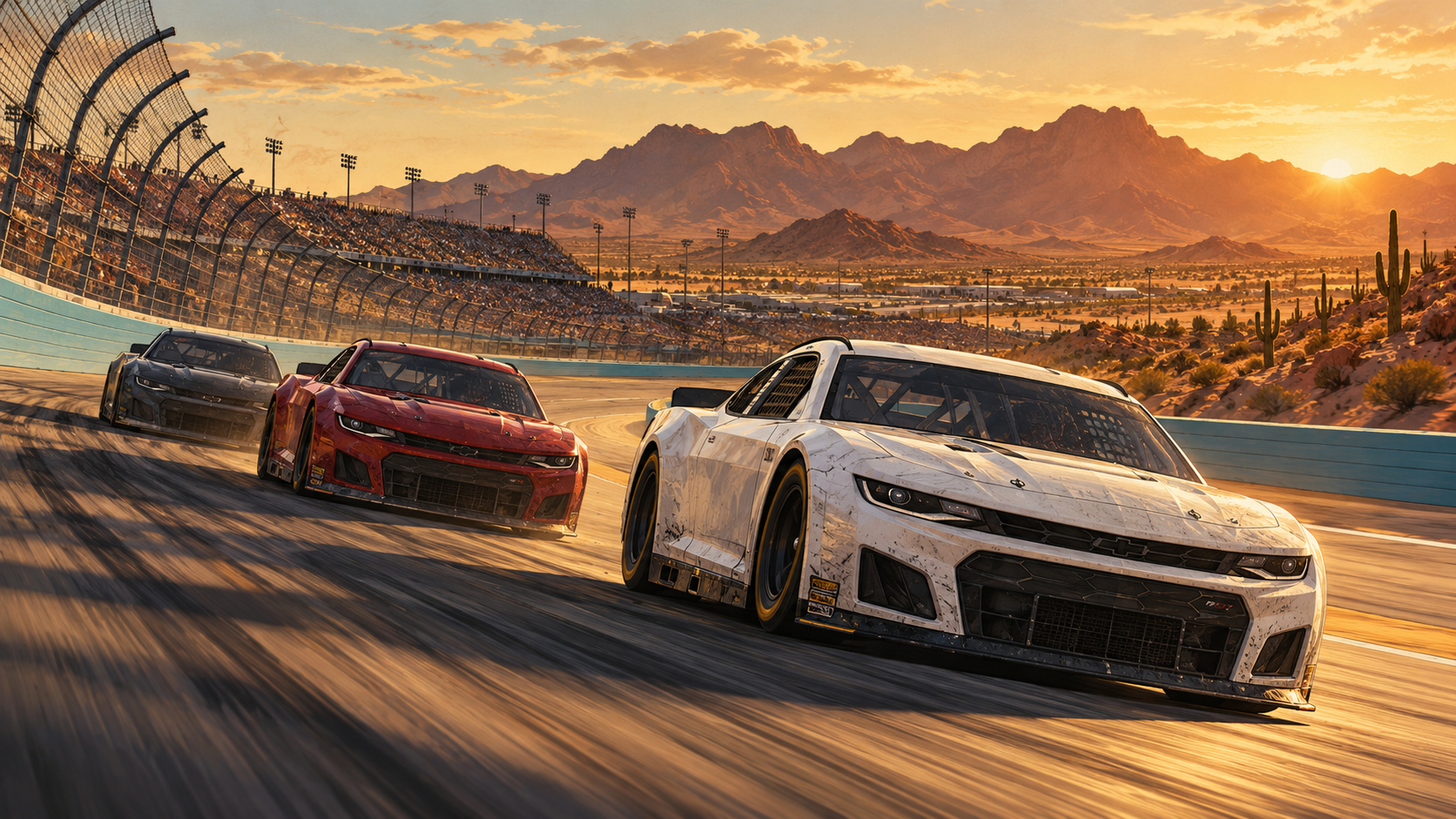 Editorial illustration of stock cars racing on a desert oval beneath an Arizona sunset