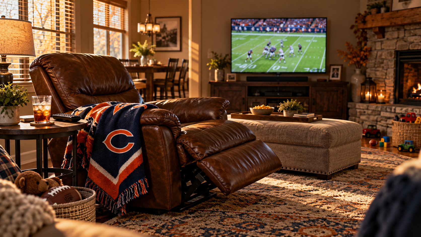 A lived-in football afternoon scene from the Red Zone and Recliners archive