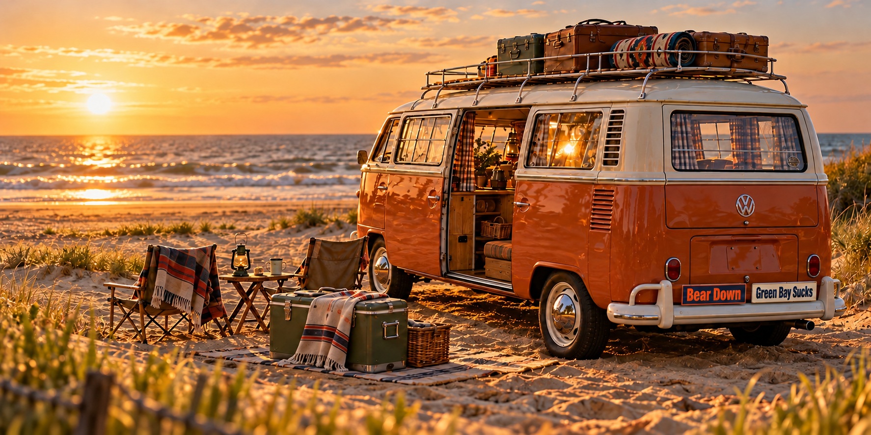 Vintage Volkswagen camper at a people-free beach campsite, with Bear Down and Green Bay Sucks bumper stickers