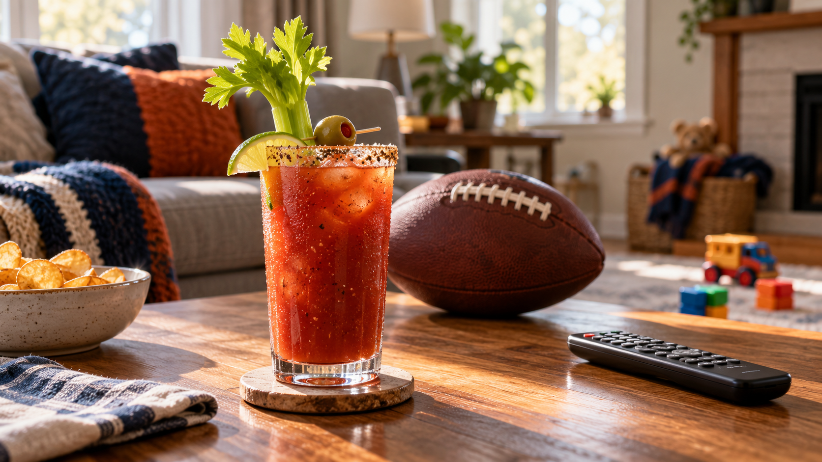 A garnished Bloody Mary, football and remote on a sunlit living-room table, with navy and orange decor and small toys in the background.