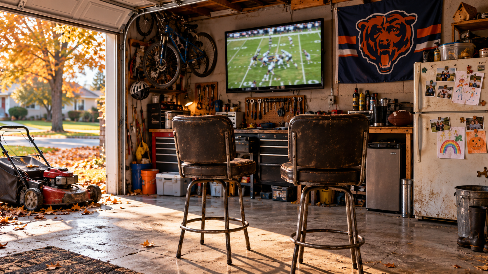 Two worn barstools facing football on a television in a lived-in Midwest garage, with bikes, tools and children’s drawings.