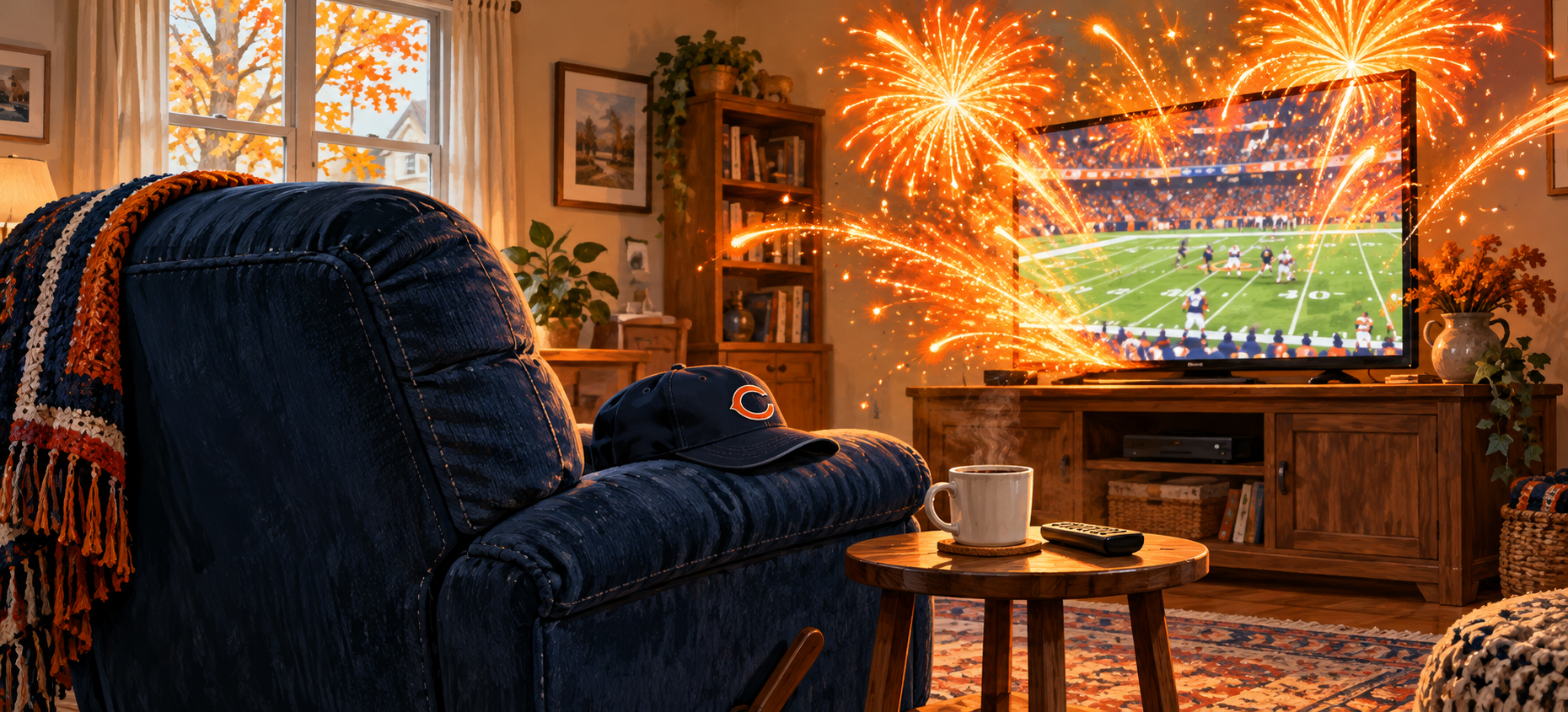 A worn navy recliner with a Bears cap, coffee and remote, facing orange fireworks bursting from a football game on television.